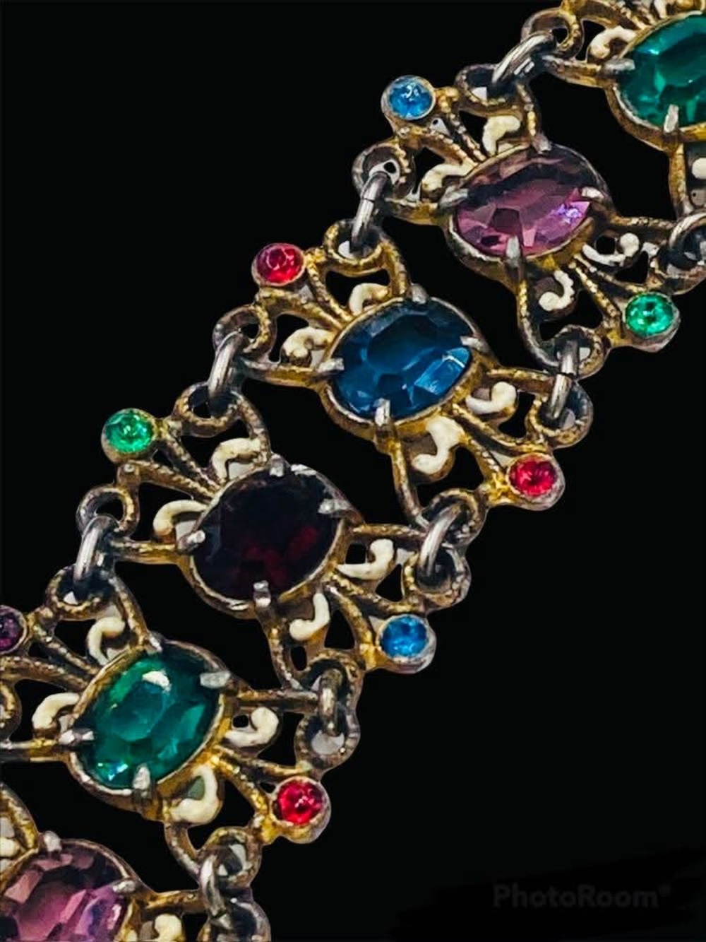 Antique 1930’s Czech Multi Color Oval Rhinestone Enamel Bracelet - Picture 7 of 9